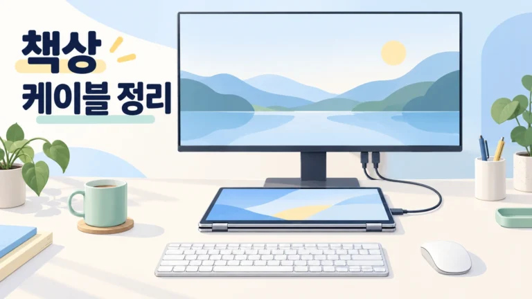 모니터와 접힌 노트북을 썬더볼트 케이블 한 가닥으로 연결한 정돈된 책상