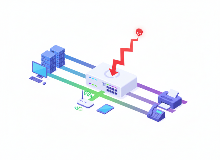 스위치의 서로 다른 VLAN 사이를 공격 트래픽이 넘어가는 VLAN Hopping 개념 이미지
