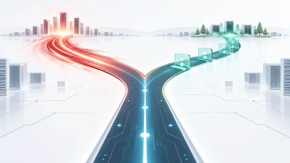 하나의 AI 발전 경로가 붉은색 Race와 초록색 Slowdown의 두 갈래로 나뉘는 일러스트