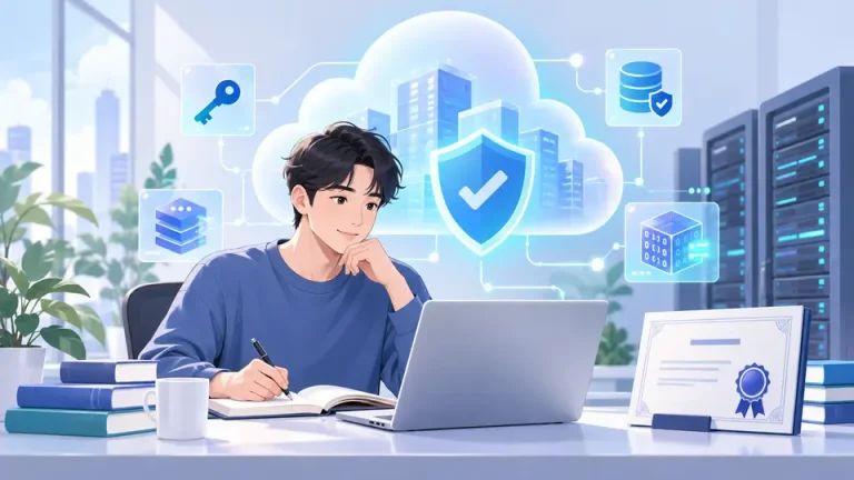 CCSP 클라우드 보안 자격증을 공부하는 수험생과 클라우드, 보안 방패, 서버 일러스트