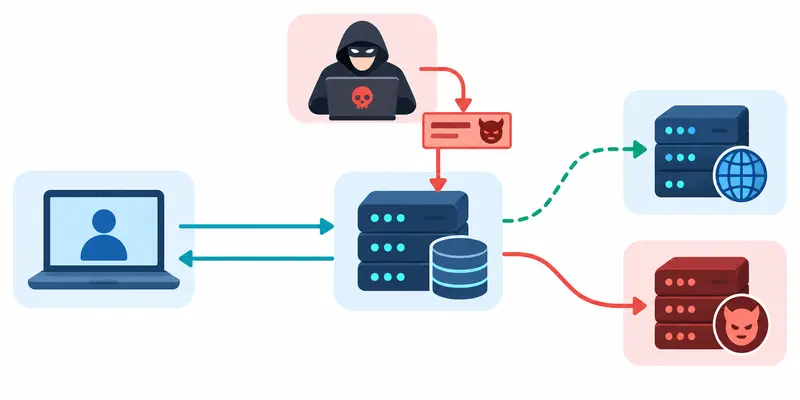 공격자가 위조 DNS 응답을 Resolver 캐시에 삽입해 사용자를 가짜 서버로 유도하는 DNS Cache Poisoning 구조