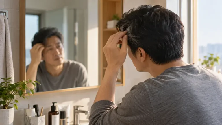 아침 햇살이 드는 거울 앞에서 흰 머리를 살펴보는 중년 남성