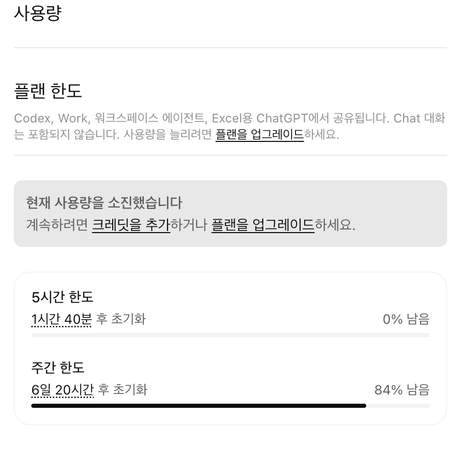ChatGPT 사용량 한도 재설정 시점을 안내하는 화면