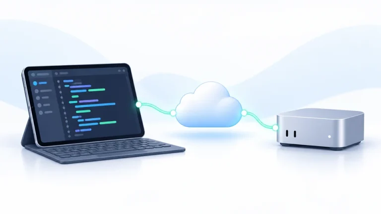 태블릿의 코드 편집 화면과 클라우드를 통해 연결된 집의 Mac mini