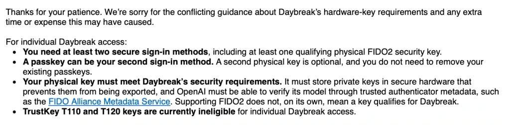 OpenAI 지원팀이 안내한 Daybreak 하드웨어 보안키 요구사항과 TrustKey T110 T120 부적격 안내