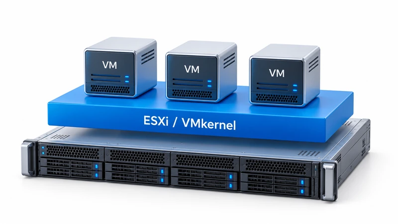 물리 서버 위의 ESXi VMkernel 계층과 세 개의 가상머신을 표현한 개념 삽화