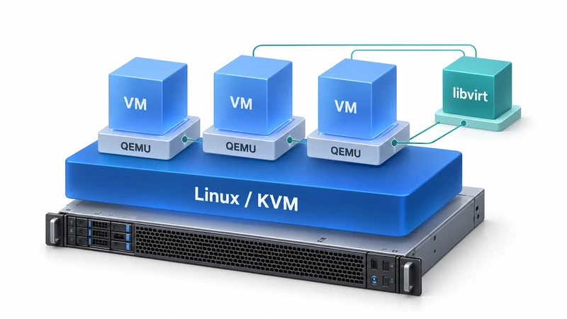Linux KVM 계층 위에서 QEMU가 가상머신을 실행하고 libvirt가 관리하는 구성을 표현한 개념 삽화