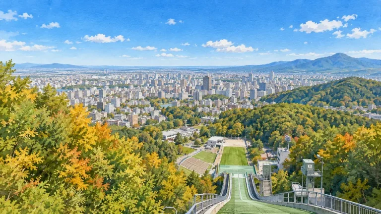 가을 숲과 스키 점프대 너머 삿포로 시가지를 표현한 삽화