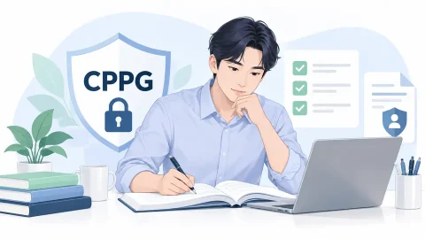 CPPG 개인정보관리사 시험을 준비하며 교재를 공부하는 수험생 일러스트