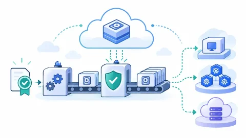 검증된 OS 이미지가 보안 빌드 파이프라인을 거쳐 VM, Kubernetes, 관리형 서비스로 배포되는 과정