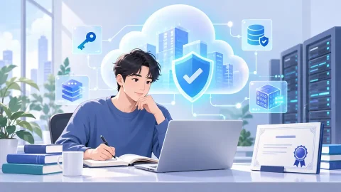 CCSP 클라우드 보안 자격증을 공부하는 수험생과 클라우드, 보안 방패, 서버 일러스트