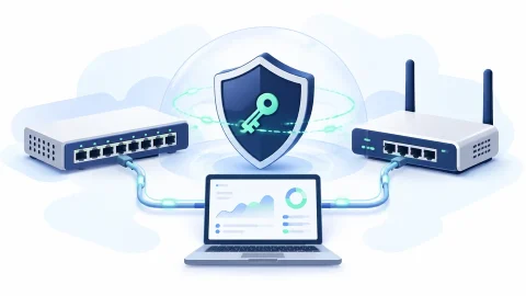네트워크 장비와 모니터링 시스템의 SNMP 접근 보호를 표현한 일러스트
