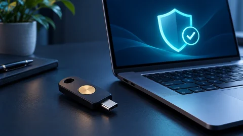 USB-C 하드웨어 보안키와 방패 및 확인 표시가 나타난 노트북