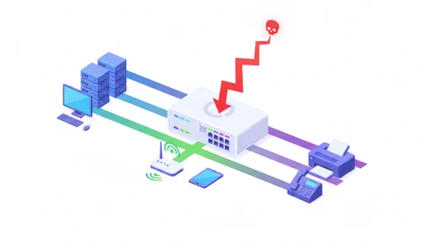 스위치의 서로 다른 VLAN 사이를 공격 트래픽이 넘어가는 VLAN Hopping 개념 이미지